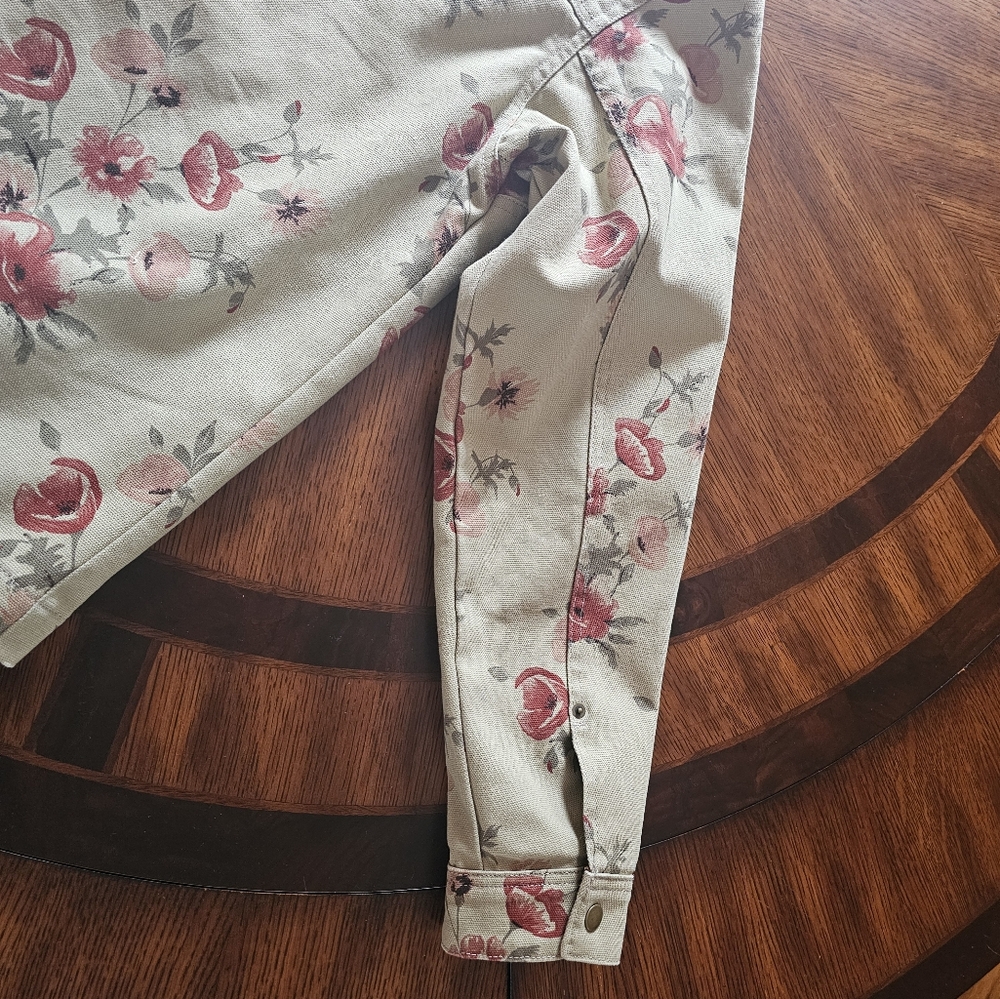 Sun + Stone Men's Tan Canvas Red Floral Print Jacket Corduroy Collar Size Small - Picture 9 of 11